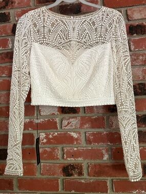 Tadashi Shoji NWT Mesh Crop Top Ivory White Bridal Separates Long Sleeve Sz 2